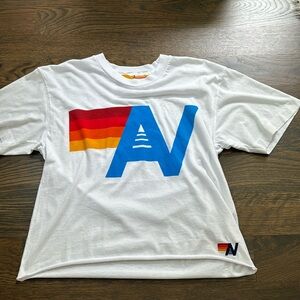 Aviator Nation White Tee with Blue and Red-Orange Logo